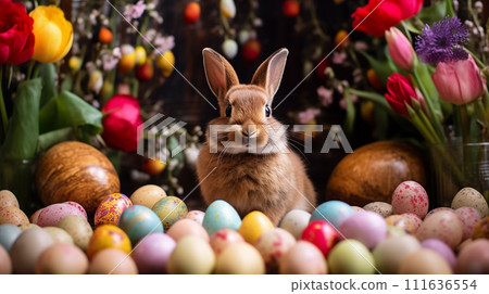 AI-generated content. Cute brown bunny surrounded by colorful easter eggs and spring flowers AI-generated content. Cute brown bunny surrounded by colorful easter eggs and spring flowers 111636554