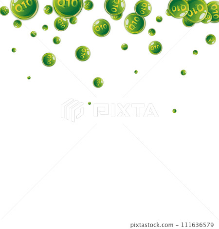 Vitamin Q10 round capsules scattered randomly. Beauty treatment and nutrition skin care. Medical and scientific background. Wellness concept. 111636579