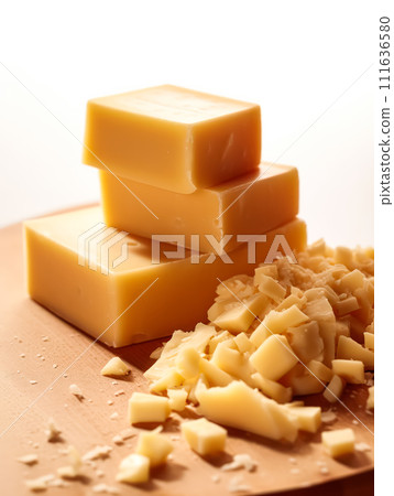 Indulge in the elegance of hard cheese cubes meticulously arranged 111636580