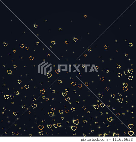 Flying hearts for valentine's day. Gold hearts scattered on black background. Beautiful flying hearts vector illustration. 111636638