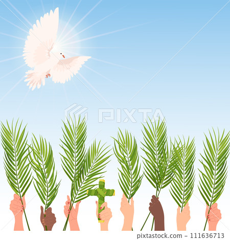 Palm Sunday celebration vector banner. Hands of people of different nationalities are raised with palm branches. White dove in the sky, the embodiment of the holy spirit. Postcard in cartoon style. 111636713