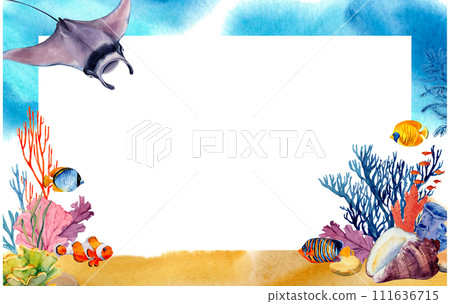 Rectangular frame with tropical bright fish, corals and stingray. Watercolor illustration with sea splashes and paint stains. For cards, posters, menus, beach and sea accessories. 111636715