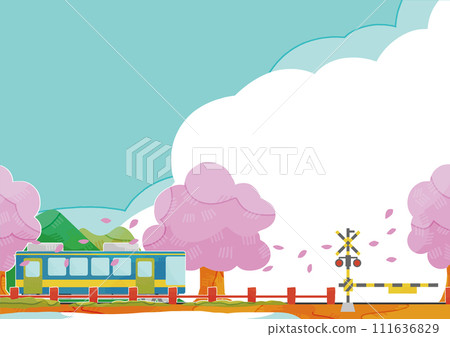 火車和櫻花的風景插畫 111636829