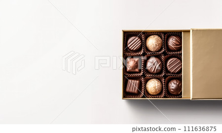 A delightful box of chocolates, elegantly placed against a pristine white background 111636875