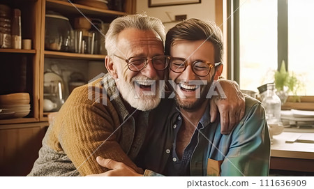 an adult son tenderly hugs his father an adult son tenderly hugs his father 111636909