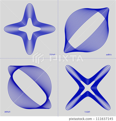 Four blue geometric shapes with a star and spherical harmonics on a grey dotted background. Modern aesthetics, minimalist art. 111637145