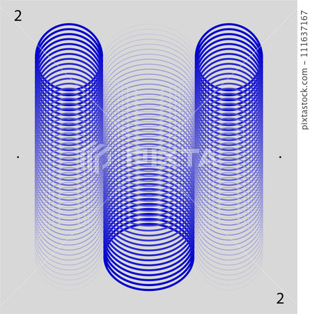 Three blue cylindrical optical illusions with concentric circle patterns on a white background. Modern aesthetics, minimalist art 111637167