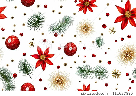 AI-generated content. Mix Christmas items on white seamless background. AI-generated content. Mix Christmas items on white seamless background. 111637889