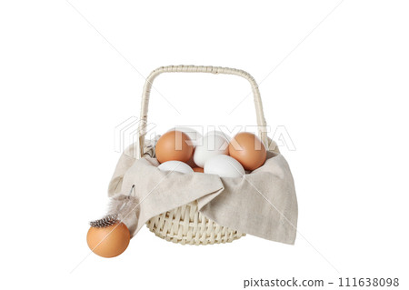 PNG, eggs in a wicker basket with handles, isolated on white background. 111638098