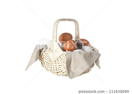 PNG, eggs in a wicker basket with handles, isolated on white background. 111638099