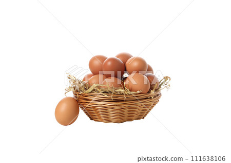 PNG, eggs in a round basket, isolated on white background. 111638106