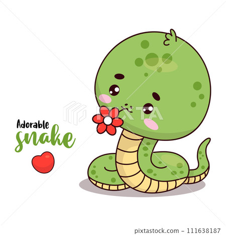 Cute little snake with flower. Funny kawaii cartoon character. Vector illustration Cute little snake with flower. Funny kawaii cartoon character. Vector illustration 111638187