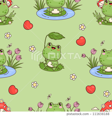 Seamless pattern with frogs on green background with flowers and hearts. Cute kawaii animal character. Vector illustration. Kids collection. 111638188