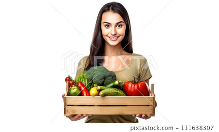 girl with a box of fruits and vegetables on a white background 111638307