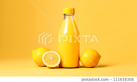 Tonic lemon cocktail in a bottle on a radiant yellow backdrop. Tonic lemon cocktail in a bottle on a radiant yellow backdrop. 111638308
