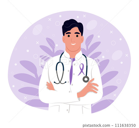 Purple awareness of ribbon. Doctor in medical uniform. Woman doctor portrait. Doctor with a stethoscope. Smiling therapist, general practitioner with crossed arms. 111638350