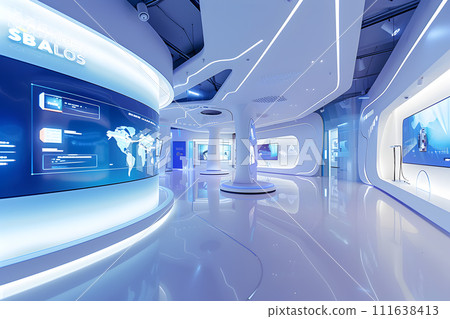 AI-generated content. A futuristic bank branch designed with interactive screens and virtual reality zones for customers 111638413