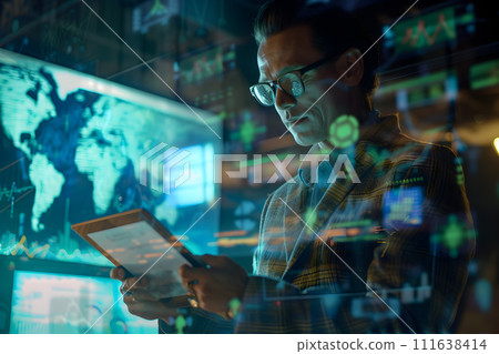 AI-generated content. An entrepreneur using a tablet to manage their global business finances  111638414