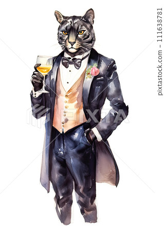 watercolor black panther raising a glass of champagne in a cheerful toast 111638781
