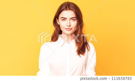 Woman in white shirt poses with a smile, stylish hair, and yellow background. 111638783