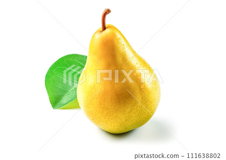 a ripe pear adorned with glistening water droplets on a pristine white background. 111638802