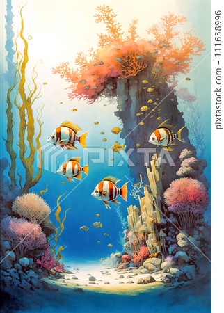 Seascape, underwater life, striped fish, digital watercolor illustration 111638996