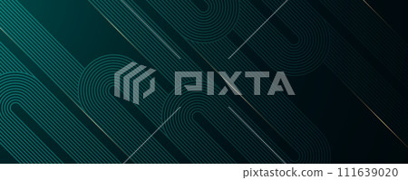 Dark green abstract background with luxury golden lines decoration. Diagonal geometric lines pattern. Line art design. Modern concept. Suit for banner, business, cover, flyer, poster, brochure, Dark green abstract background with luxury golden lines decoration. Diagonal geometric lines pattern. Line art design. Modern concept. Suit for banner, business, cover, flyer, poster, brochure, 111639020