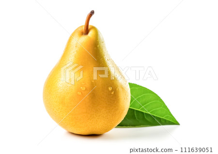 a ripe pear adorned with glistening water droplets on a pristine white background. 111639051