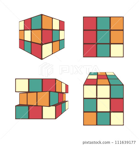 A set of toys, puzzles, cubes from different vantage points. Vector illustration in 90s style on a white background. 111639177