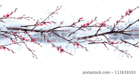 Watercolor hand drawn early spring blossoms of trees, sakura, cherry, apricot flowers. Seamless pattern, border on watercolor grey splashes. First buds, leaves. Botanical clipart Isolated illustration Watercolor hand drawn early spring blossoms of trees, sakura, cherry, apricot flowers. Seamless pattern, border on watercolor grey splashes. First buds, leaves. Botanical clipart Isolated illustration 111639183