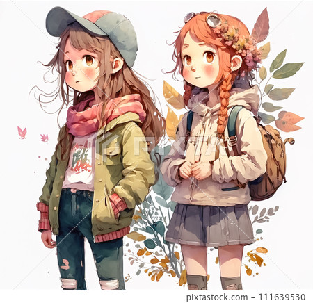 Two cute anime teens girls in autumn clothes. Watercolor illustration 111639530