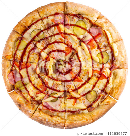 Top view on italian pizza with fries, bacon and pickled cucumbers isolated on white background. 111639577