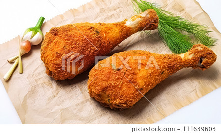 Crispy delight, Breaded chicken legs on a white isolated background, a mouthwatering visual for stock photos. 111639603