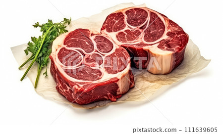 Raw indulgence, Beef steaks on parchment with spices and herbs 111639605