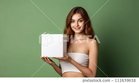 A beautiful girl holds a chic white cardboard box in a studio with a light background 111639638