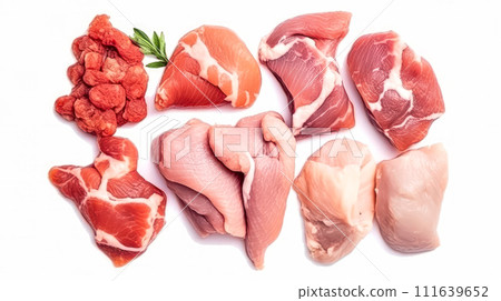 slicing raw turkey meat on a white isolated background 111639652
