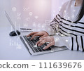 Woman operating a PC and business icon image 111639676