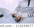 Icon image of a woman typing on a PC 111639677