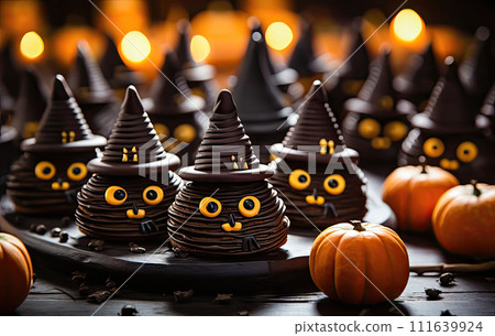 Halloween Dessert Delights - Pumpkin and Witch's Hat Confections - Generative AI 111639924