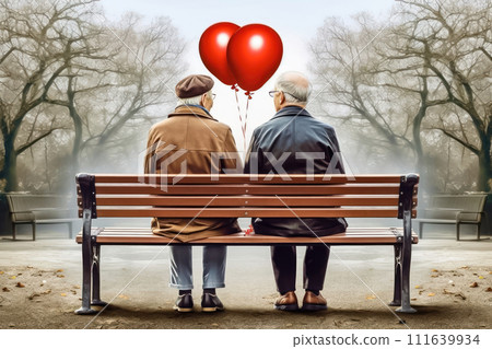 Eternal friendship: seniors sitting together with red balloons in the park - Generative AI 111639934