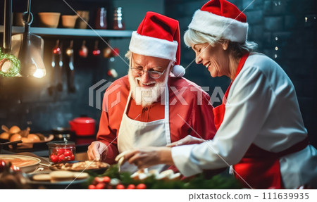 Festive Christmas Cooking: Elderly Couple in Santa Hats - Generative AI 111639935