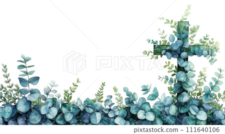 Christianity cross of green eucalyptus leaves on white background. Watercolor illustration 111640106
