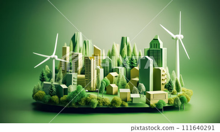 Energy saving house concept with solar panels and a windmill 111640291