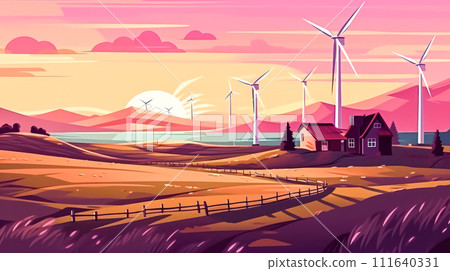 Silhouette of a wind power turbine amid mountain hills. 111640331