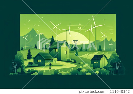 Silhouette of a wind power turbine amid mountain hills. 111640342