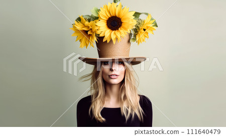 Charming image of a girl holding a pot of flowers against a white background. 111640479