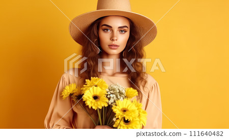Beautiful woman in a stylish yellow dress 111640482