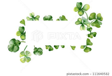 Border with shamrock and clover watercolor illustration isolated on white background. Painted green four leaves. Hand drawn Celtic symbol. Design element for St.Patricks day postcard, package 111640582