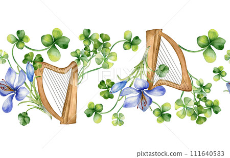 Seamless border with saffron and clover watercolor illustration isolated on white. Painted Celtic harp and flowers. Hand drawn Irish symbol. Design element for St.Patricks day, web banner, wrapping 111640583
