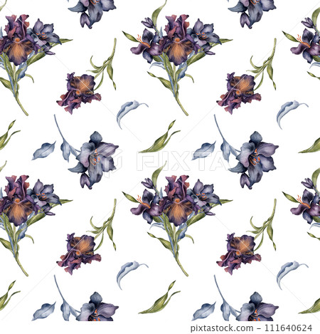 Seamless pattern with watercolor bunch of dark flowers and leaves isolated on white. Gothic floral print hand drawn. Dark botanical decoration with lily, iris. Element for textile, backdrop, paper Seamless pattern with watercolor bunch of dark flowers and leaves isolated on white. Gothic floral print hand drawn. Dark botanical decoration with lily, iris. Element for textile, backdrop, paper 111640624